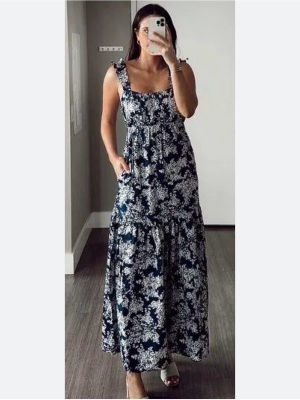 A&F Bow Back Poplin Maxi Dress - Navy Pattern - XS